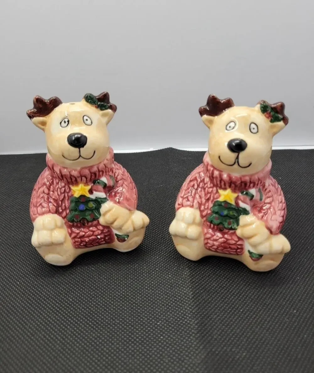 Vintage Christmas Reindeer Salt & Pepper Shakers Ceramic Pink Sweater Set...